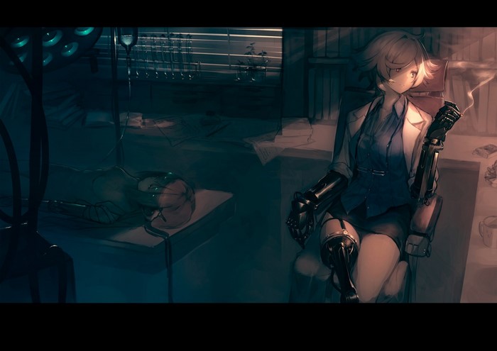 Anime girl with robotic arms smoking in a dark room