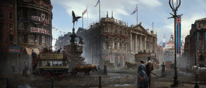 Victorian London street scene with banners and horse-drawn carriages