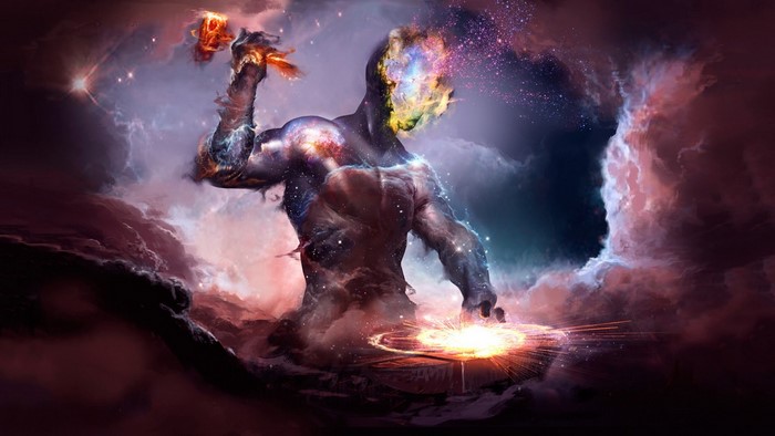 Cosmic being forging a star with a hammer