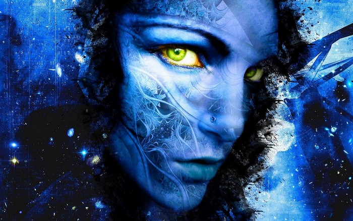 Blue alien face with green eyes and cosmic background