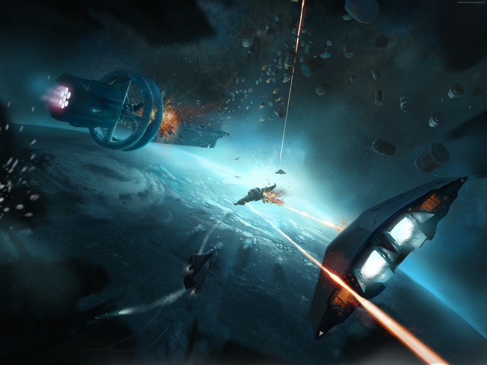 Space battle above a planet with multiple ships