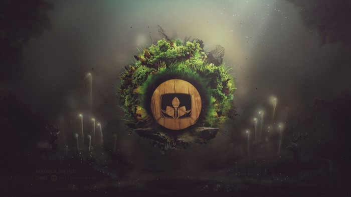 Floating island with a wooden emblem and glowing mushrooms