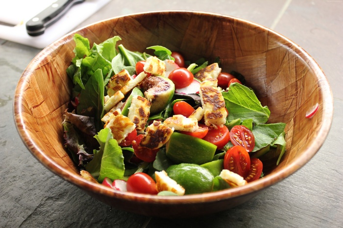 Salad with Fried Halloumi, Tomatoes, and Radishes
