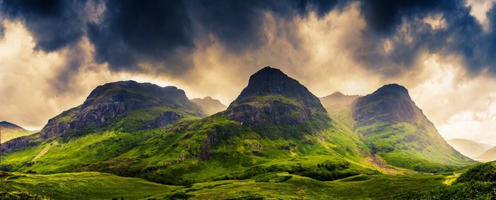 Sunlit Mountain Valley in Scotland at Sunrise