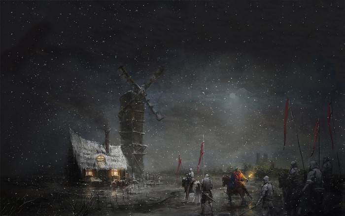 Medieval knights in a snowy landscape with a windmill