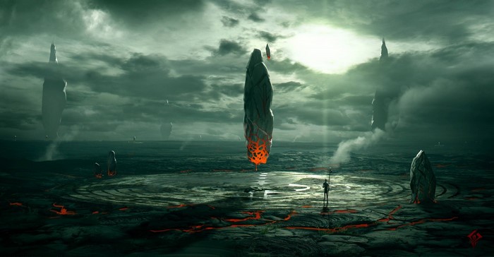 Fantasy landscape with glowing rocks and a lone figure