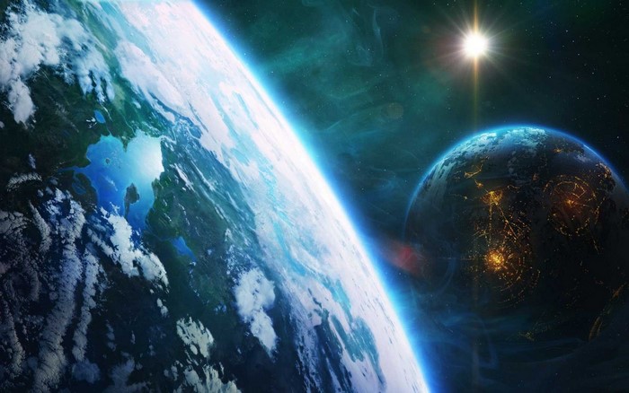 Two planets in space with a bright star