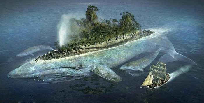 Fantasy island on a giant whale with a ship