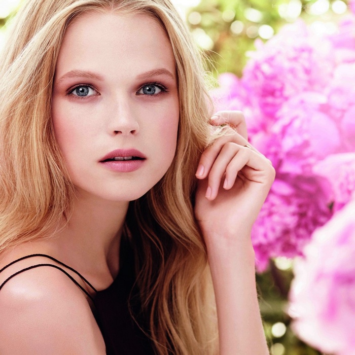 Gabriella Wilde with pink flowers
