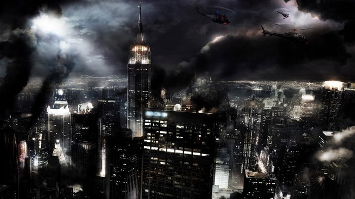 Dark Cityscape with Helicopters and Smoke