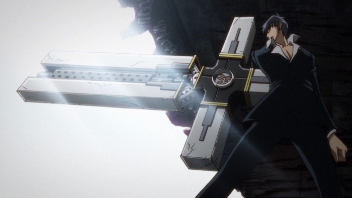 Nicholas D. Wolfwood from Trigun with a large cross weapon