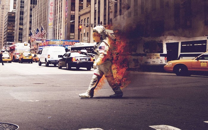 Astronaut on fire crossing a New York City street