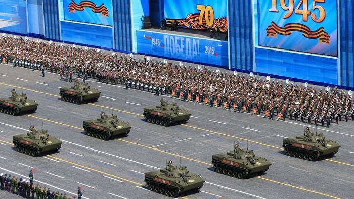 Russian military vehicles and soldiers at Victory Day parade