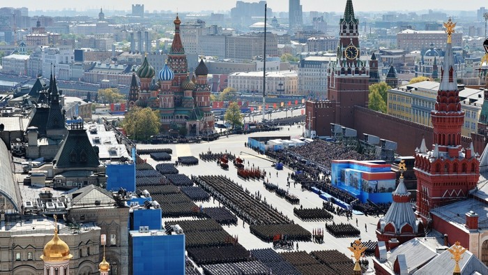 Moscow Red Square military parade with St. Basil's Cathedral and Kremlin