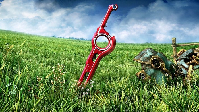 The Monado sword in a grassy field from Xenoblade Chronicles