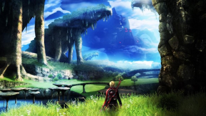 Shulk from Xenoblade Chronicles in a fantasy landscape
