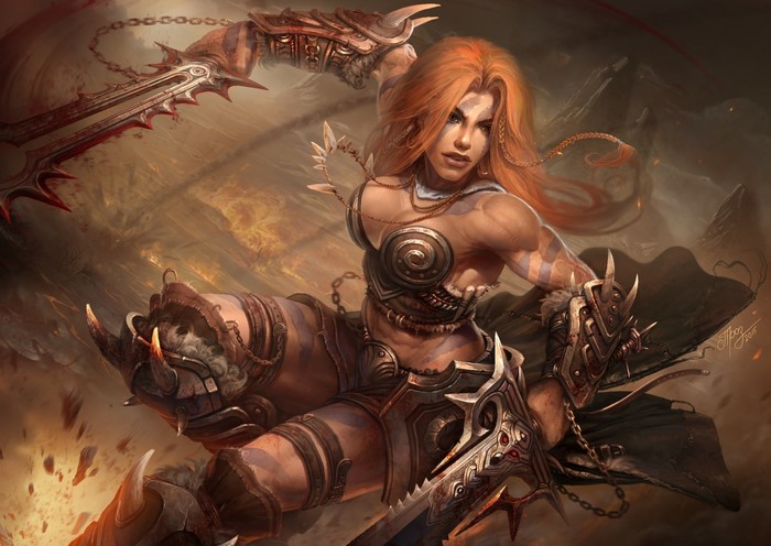 Barbarian woman warrior with swords from Diablo III