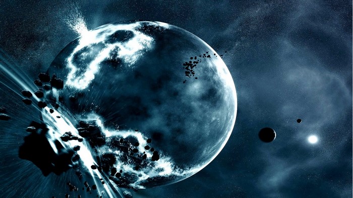Planet exploding with asteroids in deep space