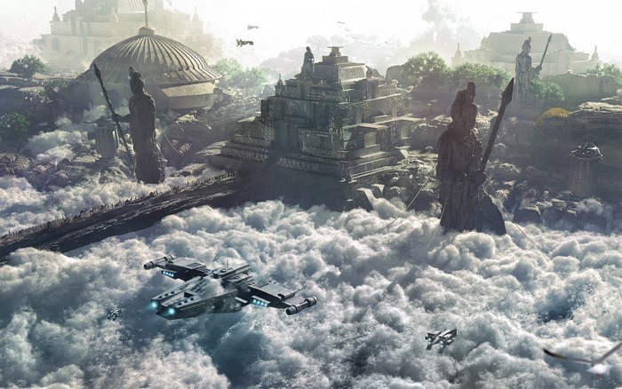 Science fiction city in the clouds with spacecraft