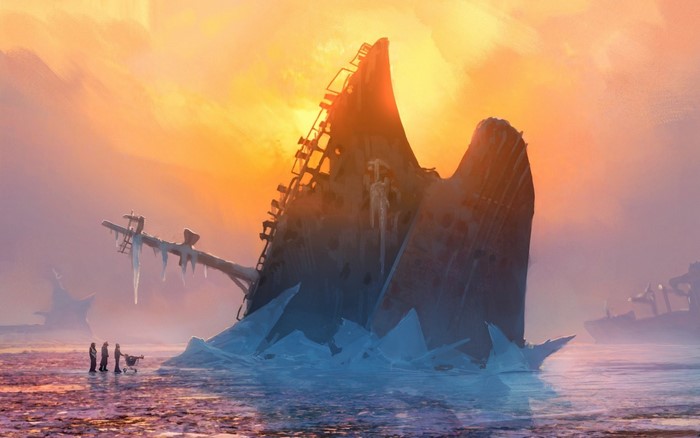 Shipwreck in icy landscape at sunrise