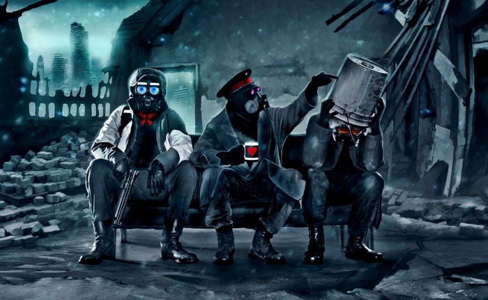 Three figures in gas masks sitting on a couch in a ruined city