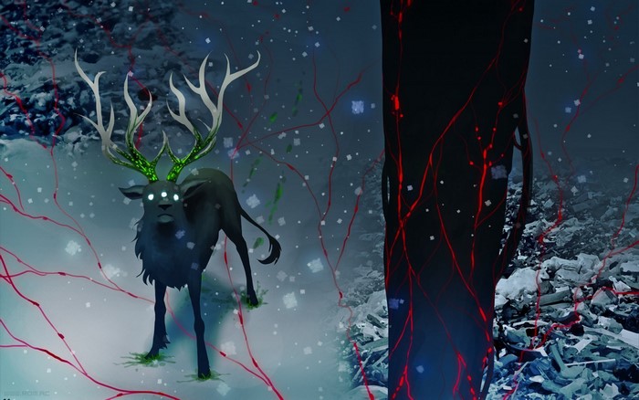 Romantically Apocalyptic: Deer with glowing antlers in a snowy landscape