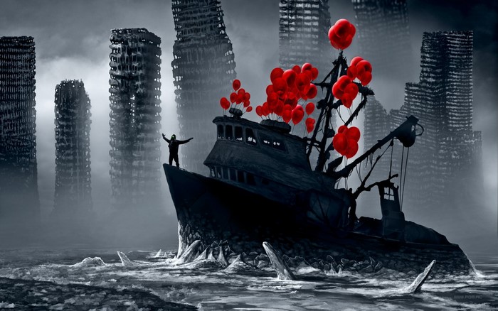 Ghost ship with red balloons in a post-apocalyptic city