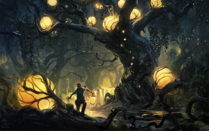 Fantasy forest with glowing orbs and a man with a lantern