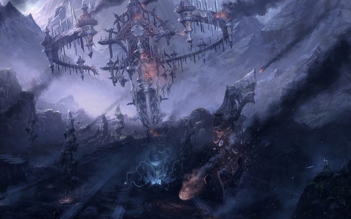 Fantasy art of a destroyed floating citadel in a rocky landscape