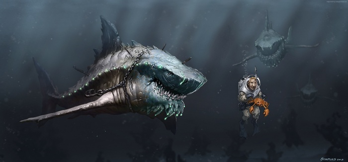Megalodon shark with diver and crab