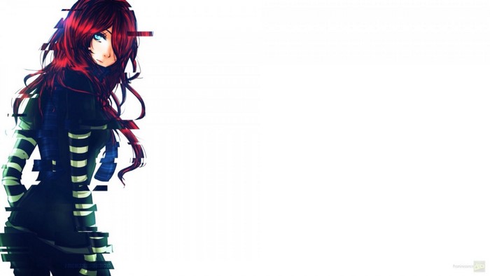 Anime girl with red hair and glitch art effect