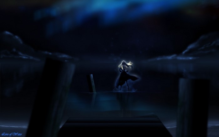 Anime girl standing in water at night