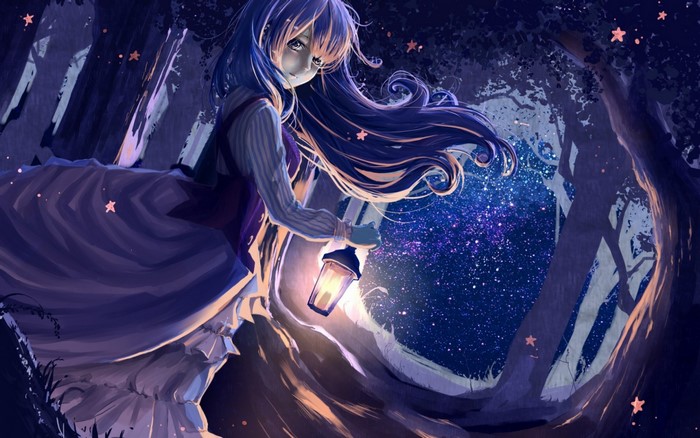 Anime girl with lantern in a starry forest