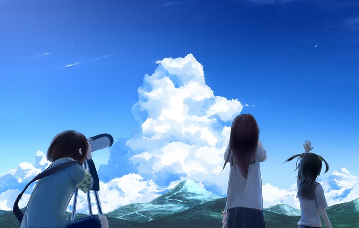 Anime girls looking at the sky with a telescope