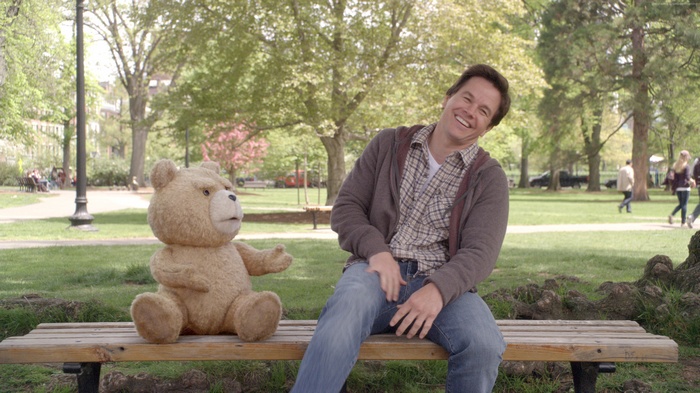 Mark Wahlberg and Ted from Ted 2 in a park