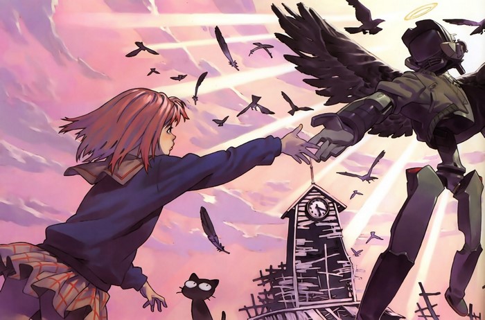 Naota and Haruko from FLCL reaching for an angel