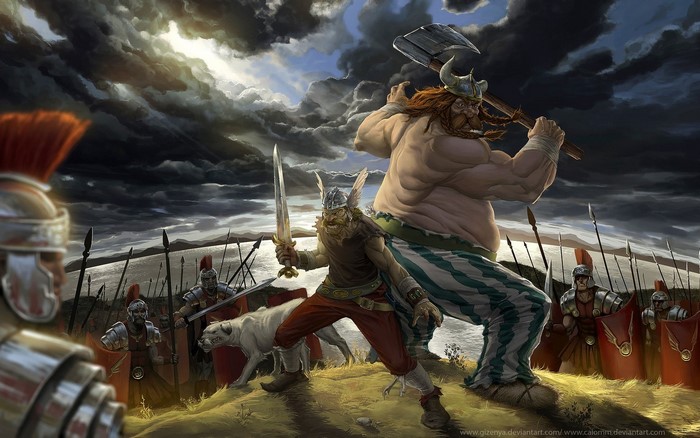Asterix and Obelix fighting Roman soldiers