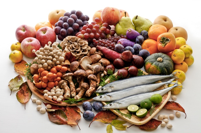 Assortment of fruits, vegetables, mushrooms, and fish