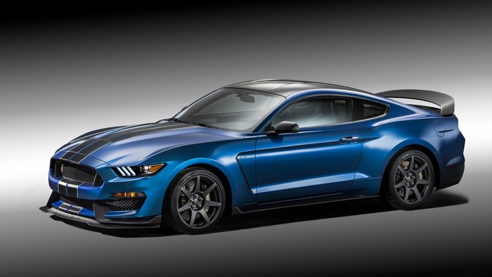 Blue Ford Mustang Shelby GT350 with racing stripes