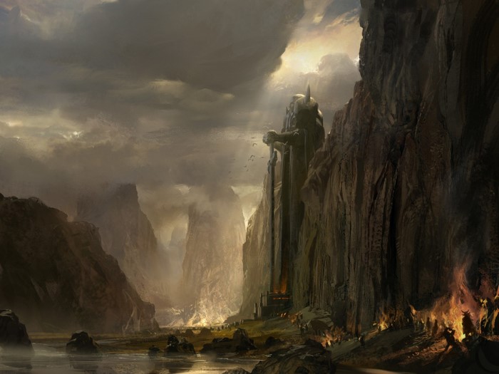 Fantasy landscape with giant statue and burning figures