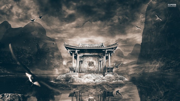 Monochrome landscape with Chinese temple and mountains