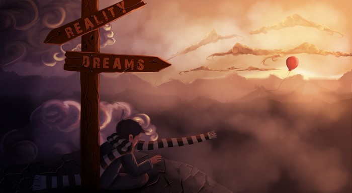 Boy reaching for balloon near signpost of reality and dreams