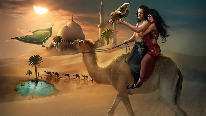 Couple riding a camel in a desert with a magic carpet