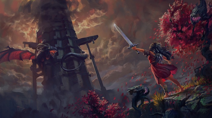 Girl fights dragon near a tower and monster tree