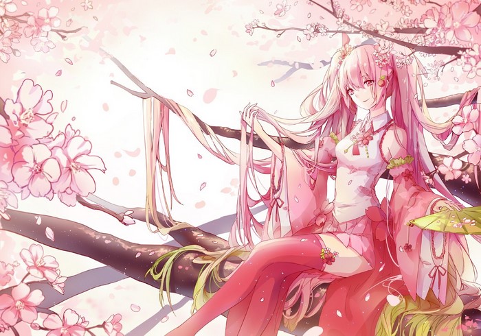Sakura Miku sitting on a cherry blossom tree branch