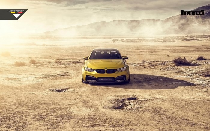 Yellow BMW M4 GTRS4 by Vorsteiner in desert