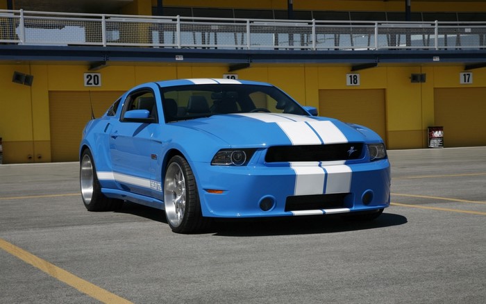 Blue Ford Mustang Shelby GTS with white stripes