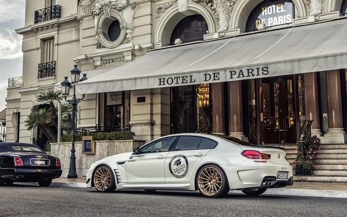 White BMW M6 Gran Coupe PD6XX in front of Hotel de Paris