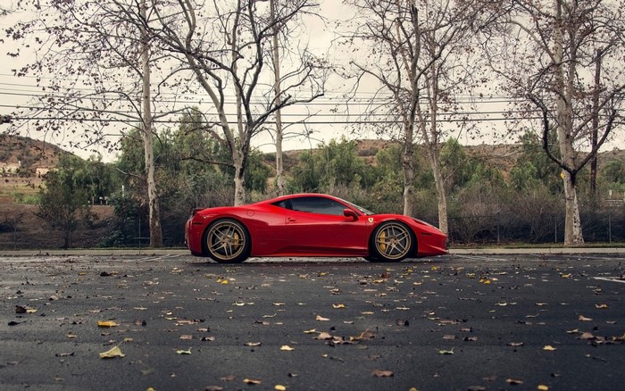 Red Ferrari 458 Italia parked on asphalt with fallen leaves