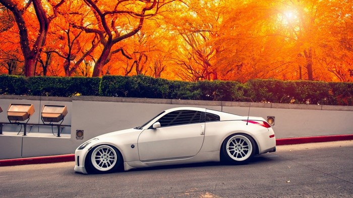 White Nissan 350Z sports car in autumn